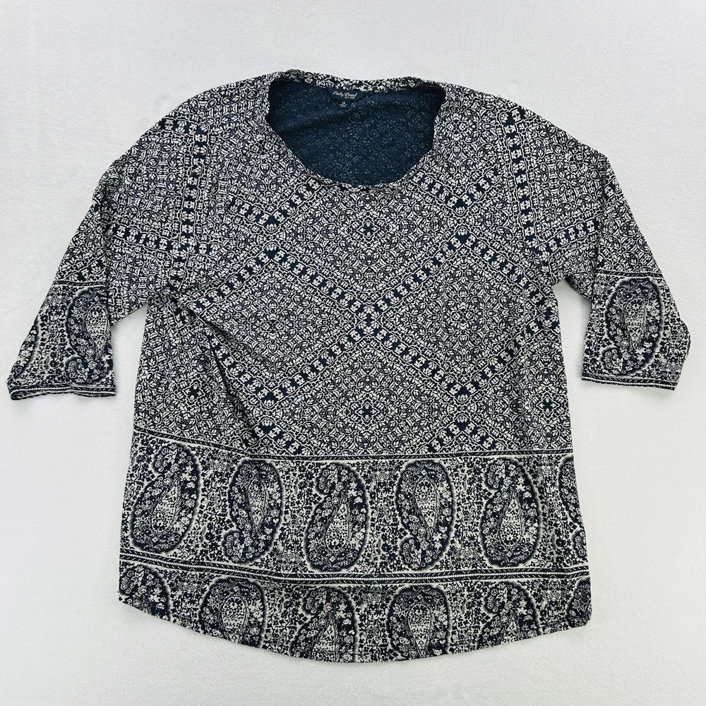 Lucky Brand Shirt Womens 1X Navy Blue Paisley Boho Tunic 3/4 Sleeve Scoop Neck